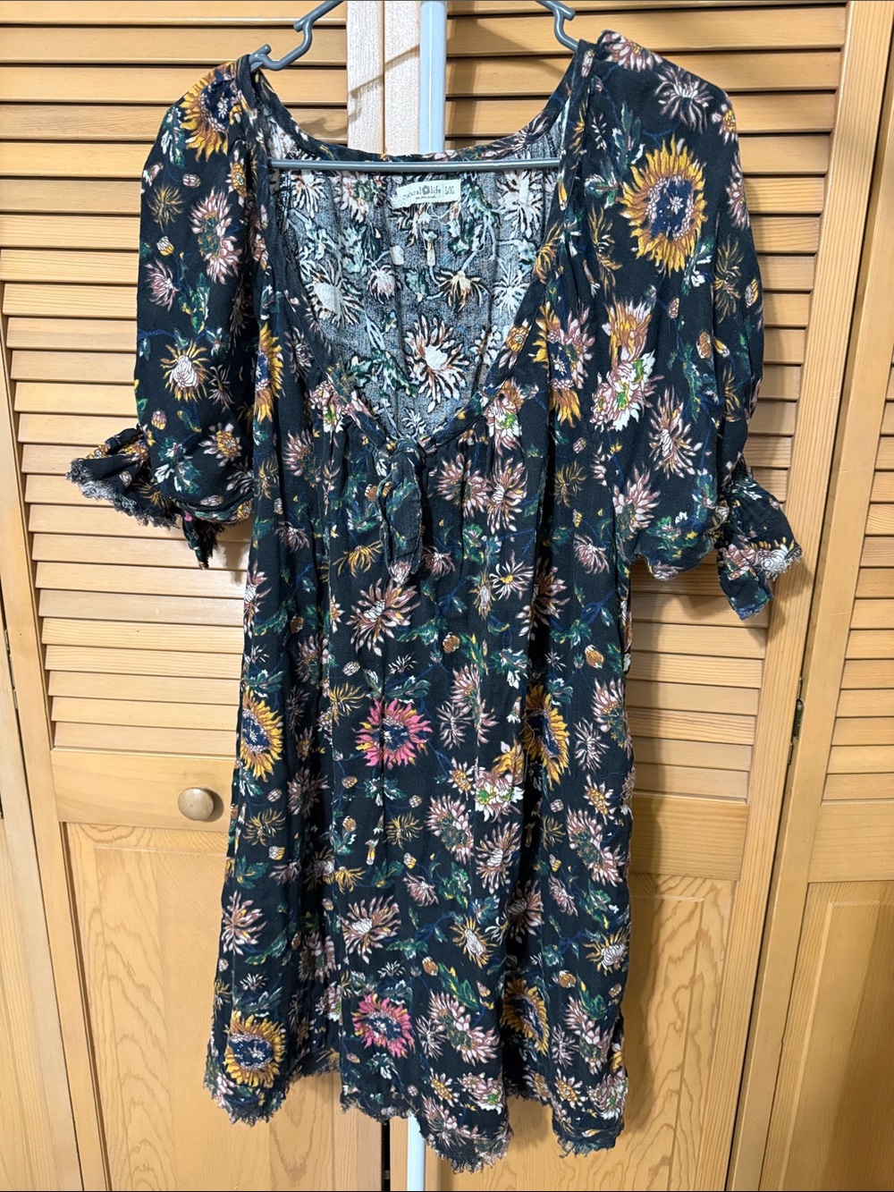 Free People Black Floral Mini Dress with Yellow & Pink Accents